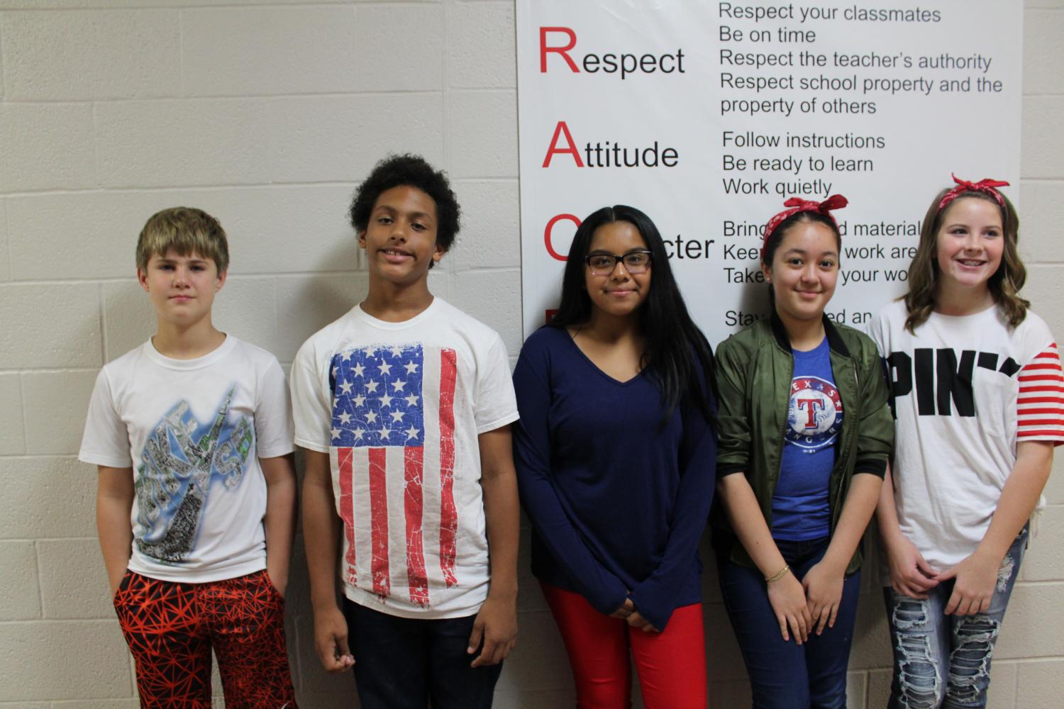 Paeton Dial, Eric Costa, Marlynne Vargas, Jessica Hernandez and Gracie Reid were among the students who dressed up Monday in their red, white and blue.