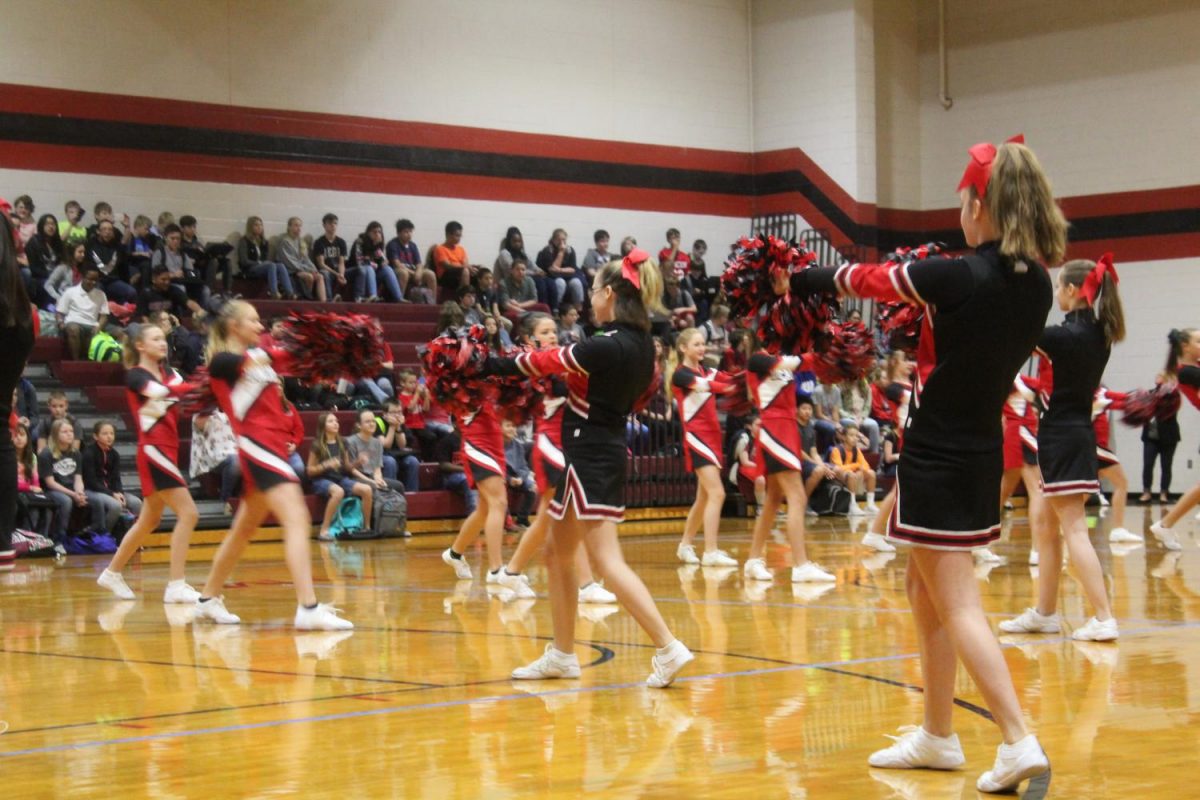 Cheering and dancing, the DMS cheerleaders lead the first pep rally of the school year.