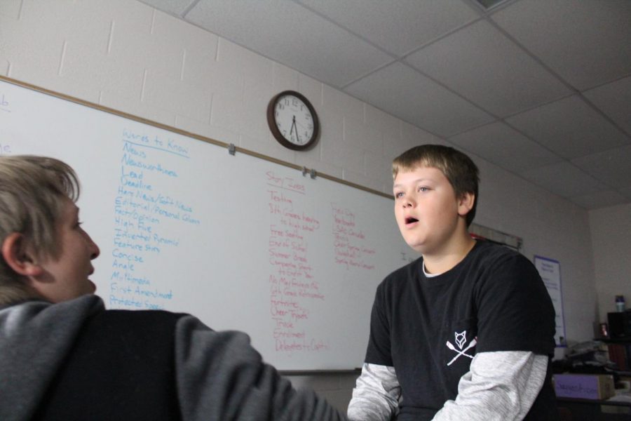 Trey Guernsey and Sebastian McKinnon discuss story ideas for the weekly news broadcast.