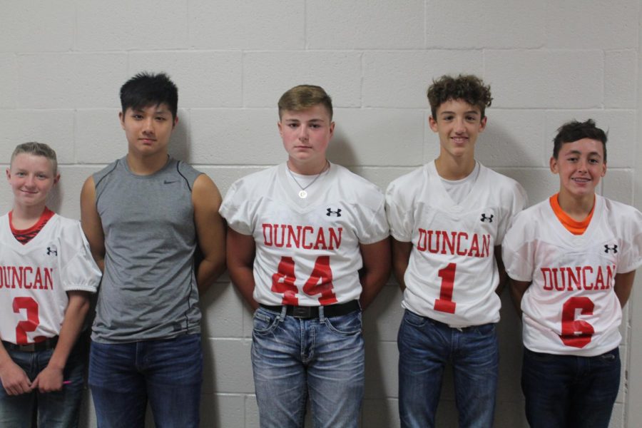 Andrew Fitzgerald, Renjie Lin, Jace Locs, Kase Spivey and Zachary Vermillion are among the Duncan Middle School football players set to face Lawton Tomlinson tonight in Lawton.