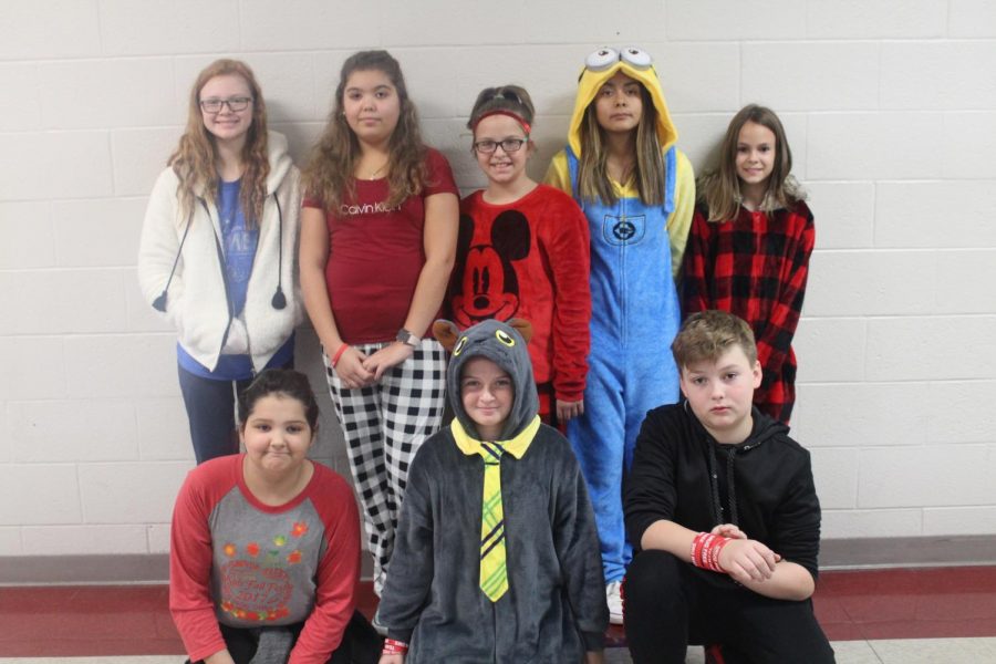 DMS sixth-grade students show off their school spirit by wearing their pajamas for the first day of Red Ribbon Week.