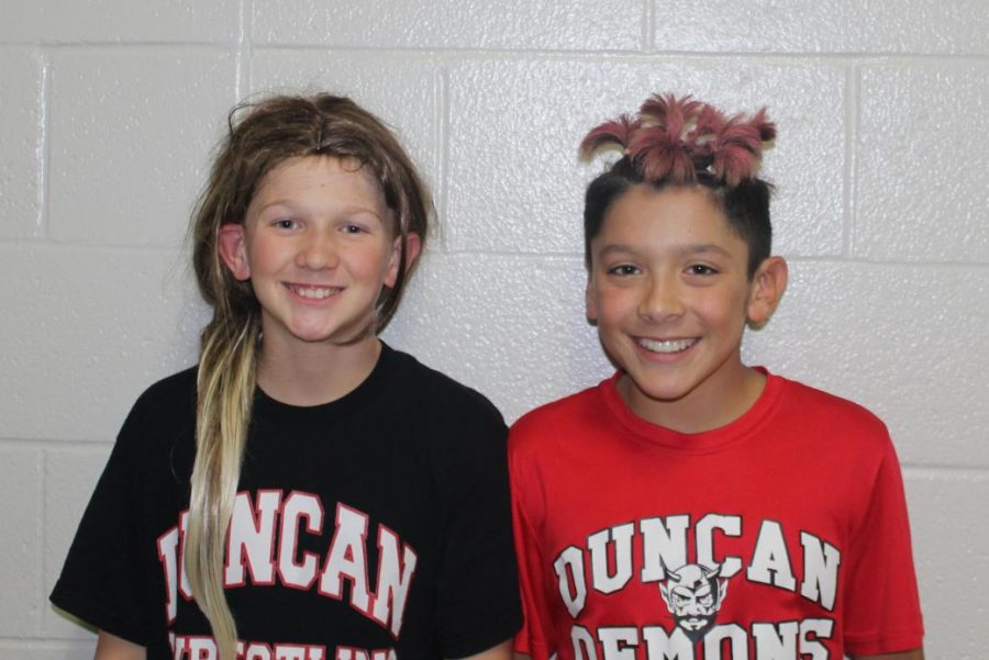 Kooper Kelly and Eli Ramirez show off their hairstyles for Crazy Hair Day. This week is Red Ribbon Week, which will continue through Wednesday.