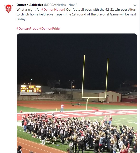 The Duncan Athletics Twitter account posted about the Nov. 2 win over Altus.