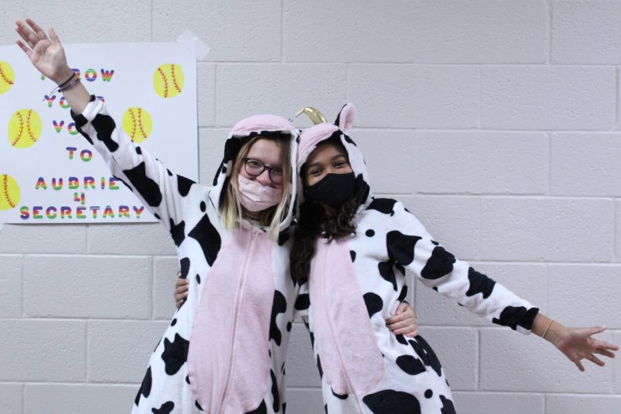 Aspen Barry and Amaya Williams show off their cow pajamas as part of spirit week.