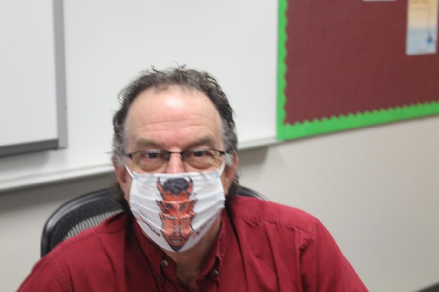 David Ellis shows off one of his mask creations. Since students returned to Duncan Middle School, they have been required to wear masks while in the building.