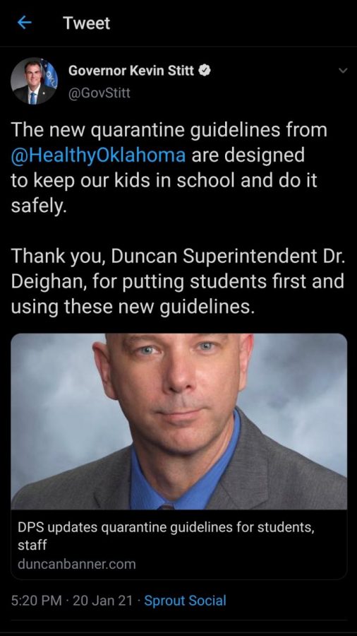 In this screenshot, Oklahoma Gov. Kevin Stitt thanks Duncan Superintendent Tom Deighan on installing the new quarantine guidelines.