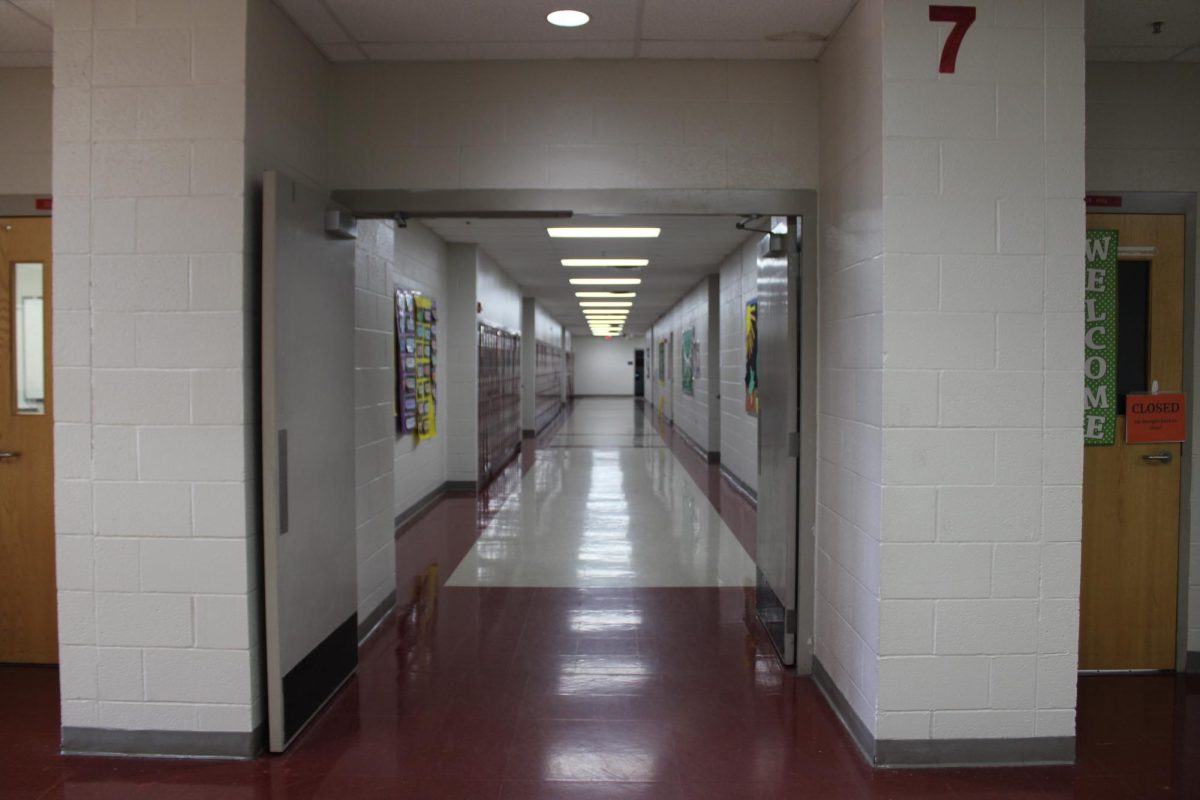 The 7th grade halway stands empty in between classes.