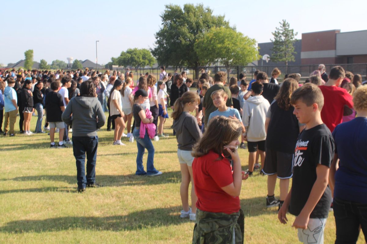 Students line up as part of the middle school's fire drill.