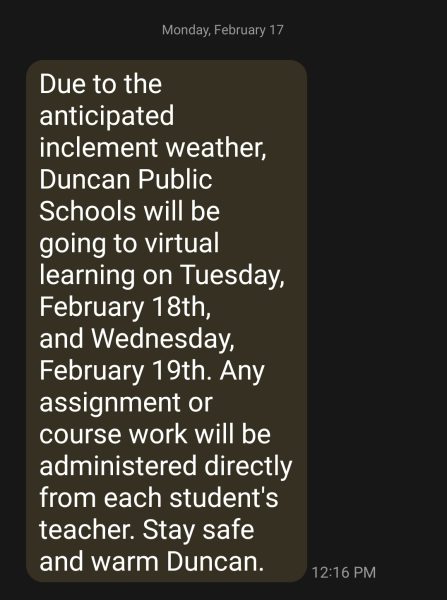 A screenshot of the message from Duncan Public Schools shows the information shared with families Monday afternoon.