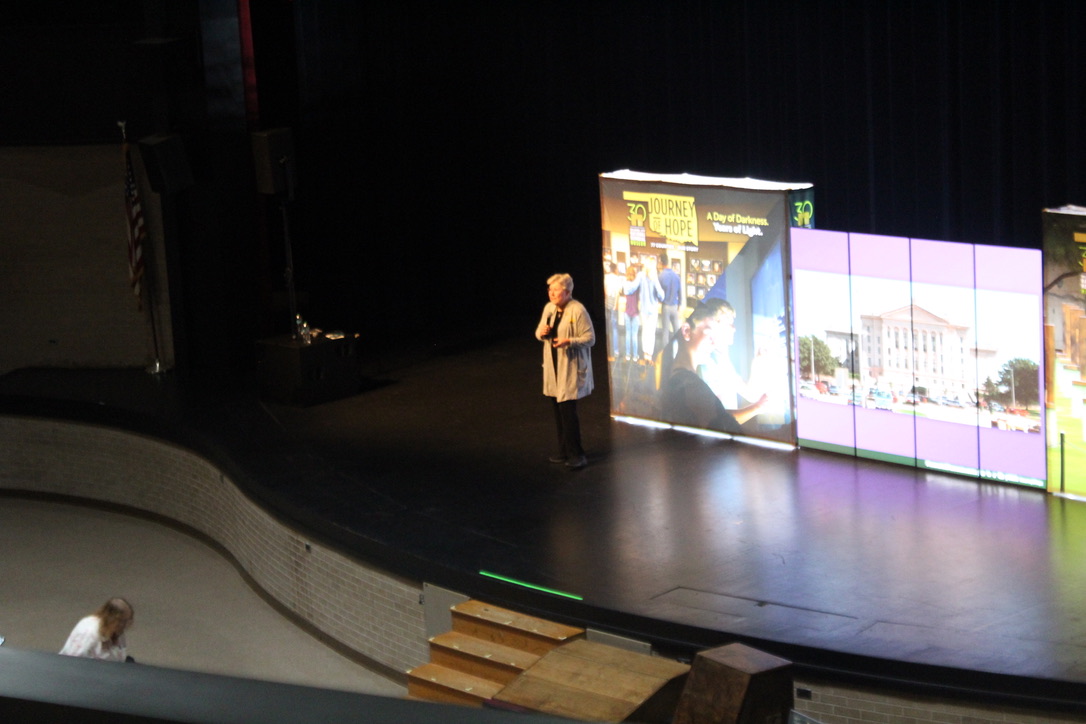 Former Oklahoma Lt. Gov. Jari Askins, a Duncan native, talks to a crowd of students during the Journey of Hope assembly at the Duncan High School.