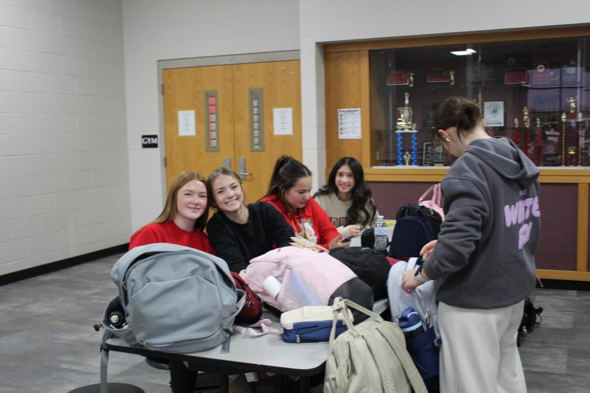 DMS cheerleaders, along with their coach, gather in the commons during off-season Tuesday.